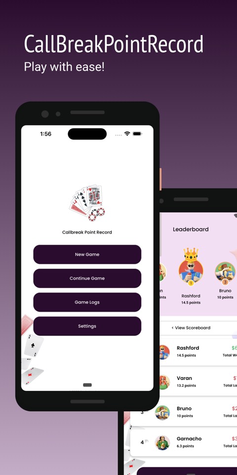 Callbreak Point Record home: new game, continue game, game logs and settings